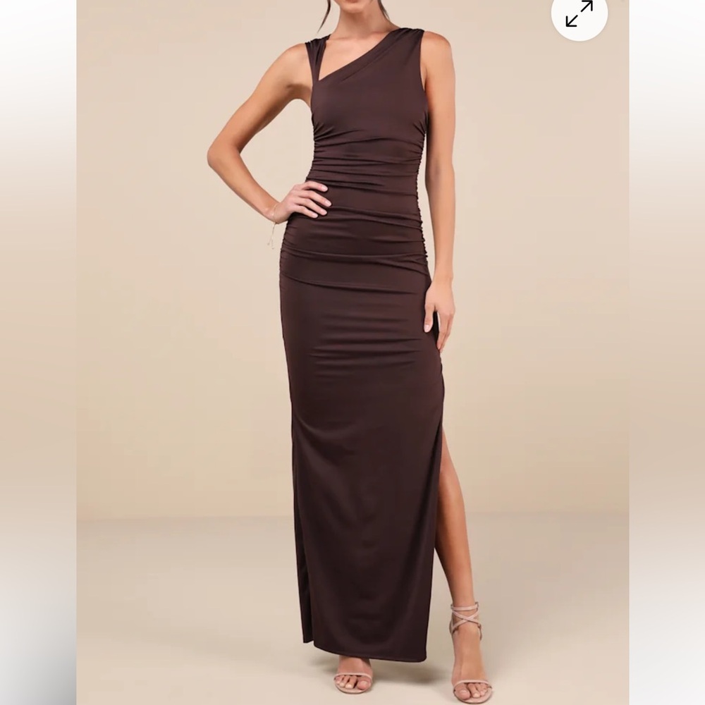 Lulus Elegant Brown One-Shoulder Asymmetrical Dress